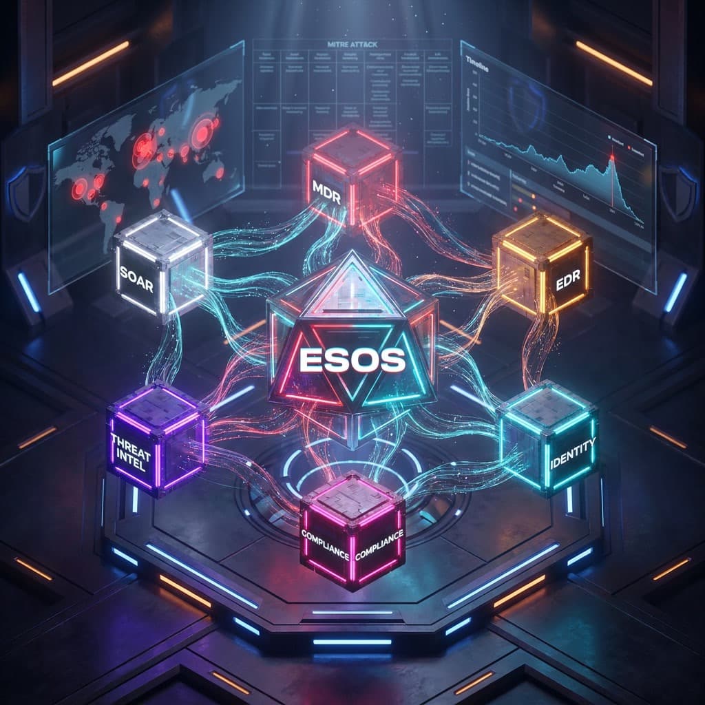 Security Orchestrator Security Operations architecture: central core + MDR, EDR, IDENTITY, COMPLIANCE, THREAT INTEL, SOAR agents