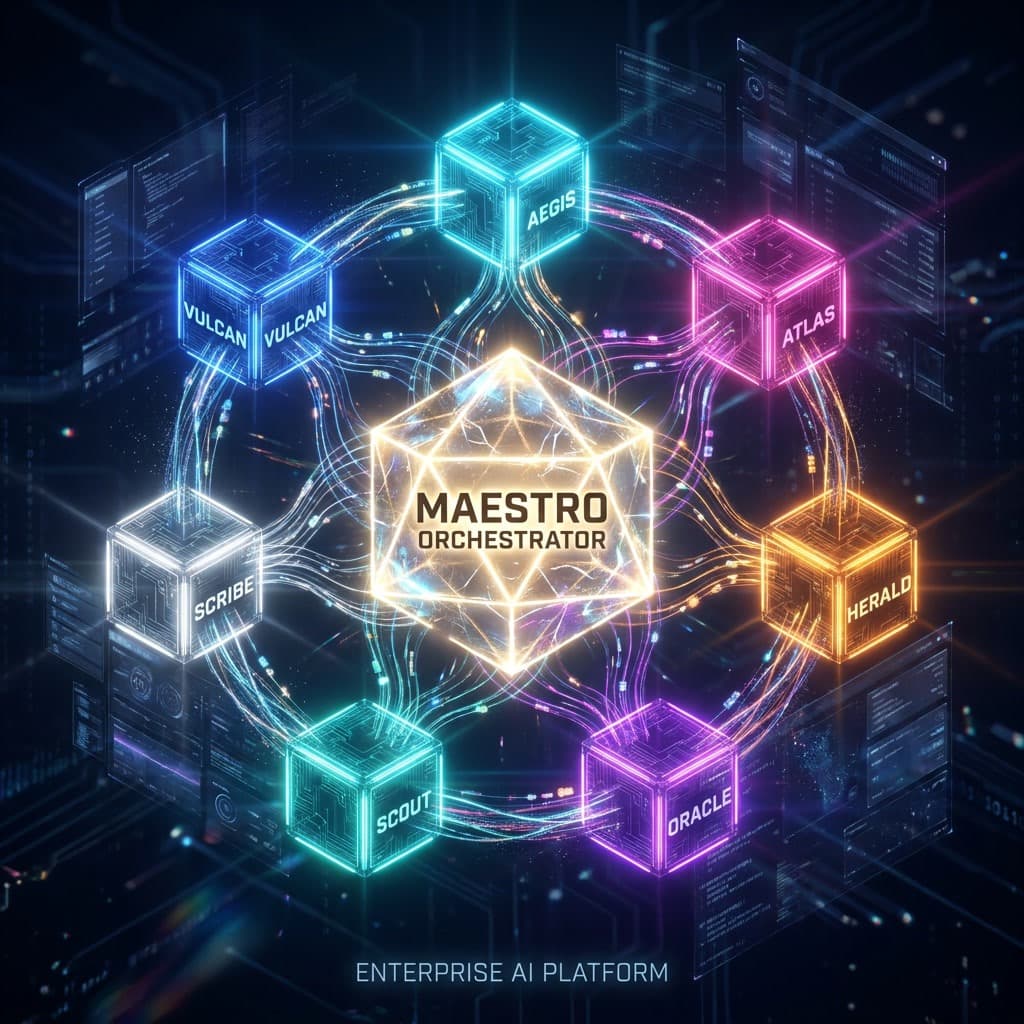 MAESTRO multi-agent orchestration architecture: central orchestrator core surrounded by seven specialist agent nodes