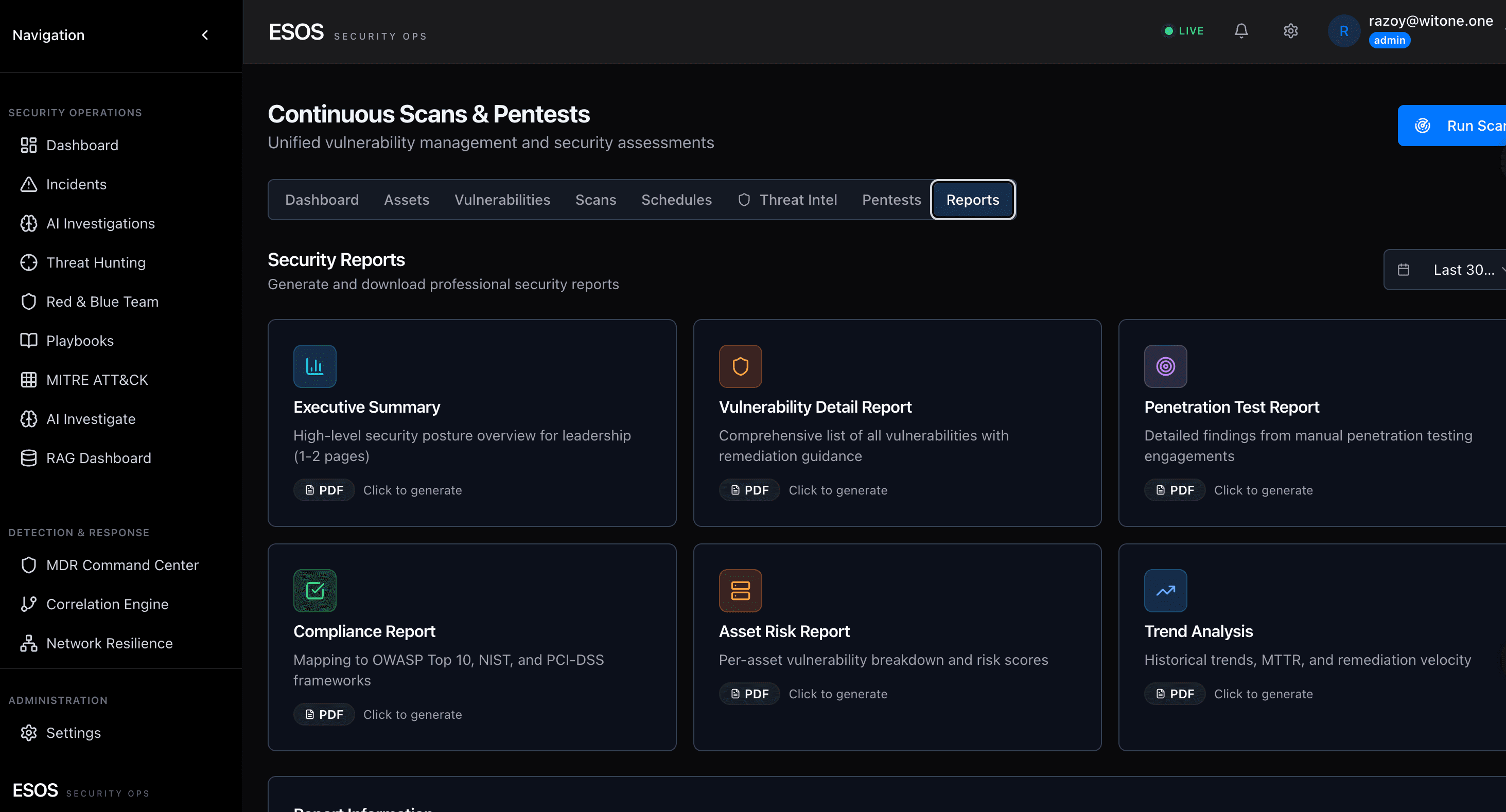 Security Orchestrator Vulnerability Management cockpit: prioritized CVE remediation queue with EPSS / KEV / reachability