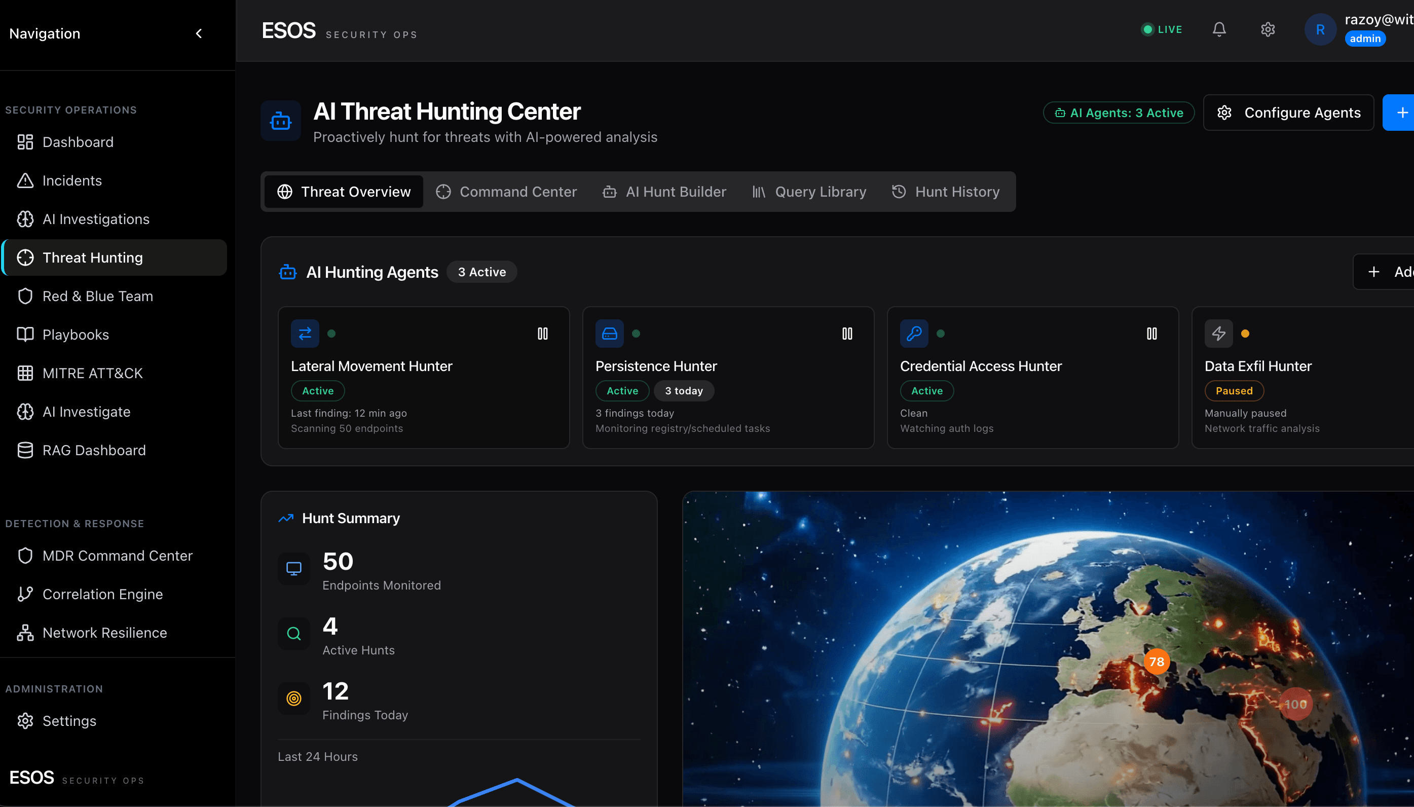 Security Orchestrator Threat Hunting cockpit · live hunt evidence and ATT&CK coverage map